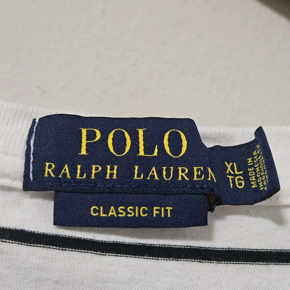 Polo Ralph Lauren Mens XL‎ Classic Fit V-Neck Striped T-Shirt White Navy Blue